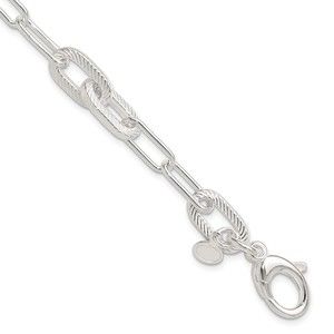 925 Sterling Silver Textured Trendy Paperclip Design Link Ladies Bracelet
